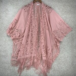 Kindred Anthropologie Pink‎ Lace Shawl 1x Poncho Fringe Coquette Fairycore Boho